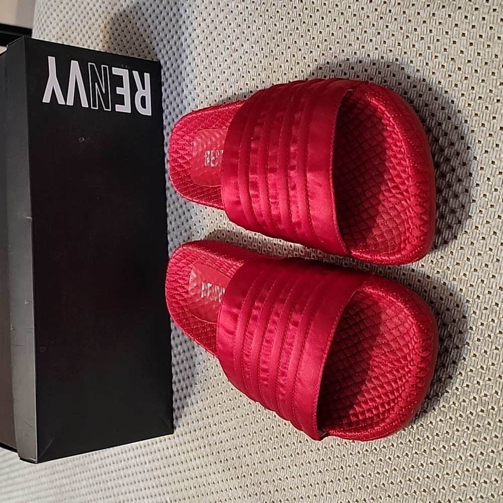 NIB RENVY Red Satin "Allie" Slides  Size:9